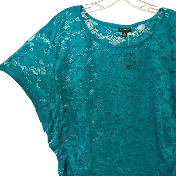 Torrid Aqua Blue/Green Stretch Lace Crew Neck Cinch Side Tee Size 3 3XL NWT - Picture 8 of 13